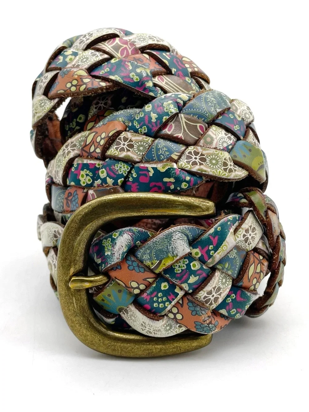 Fossil Braided Leather Belt Sz M Multicolor Patchwork Floral Boho Brass Buckle